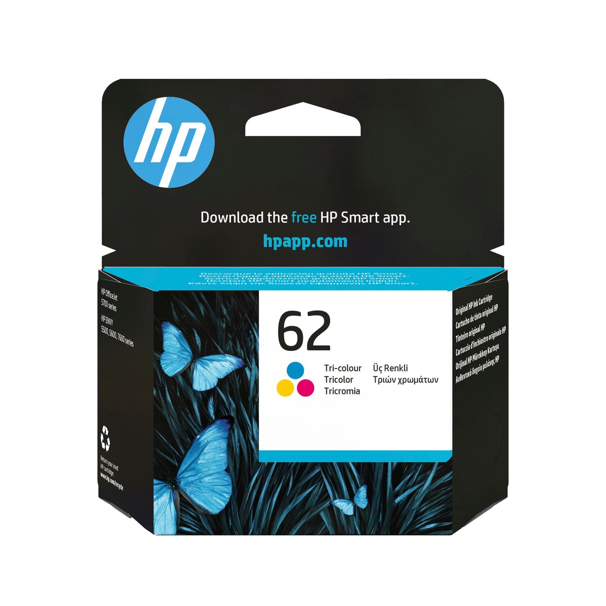 HP 62 Farve (cyan, magenta, gul) 165 sider Blk C2P06AE