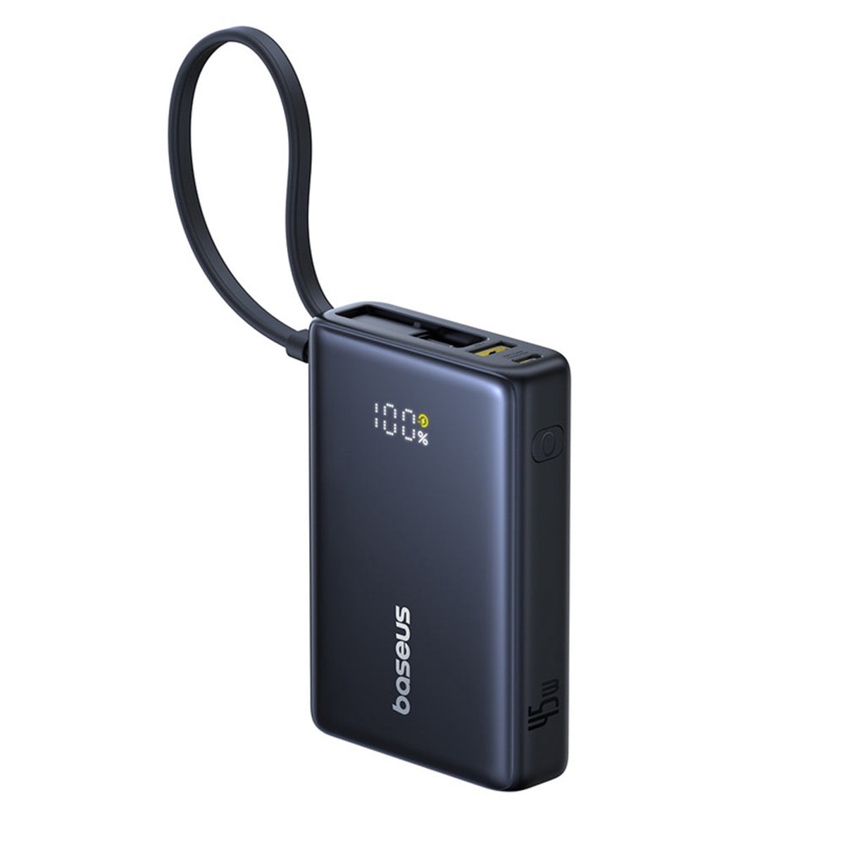 Baseus PicoGo 10000mAh 45W Powerbank med Digitalt Display og Indbygget USB-C Kabel - Sort