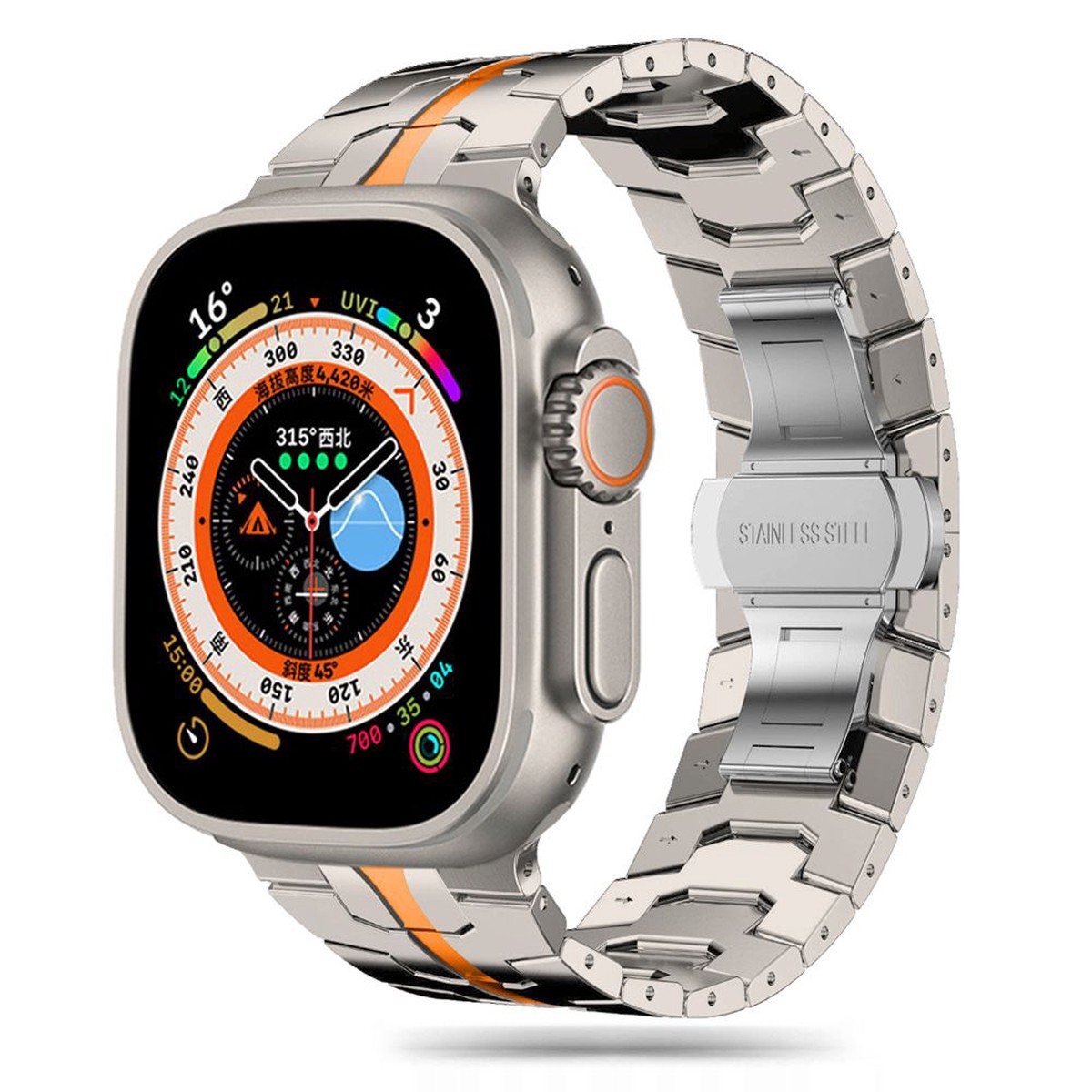 Tech Protect Stainless Line Til Apple Watch 8 / 9 / 10 / 11 / Se / Ultra (44 / 45 / 46 / 49 Mm) Titanium/Orange