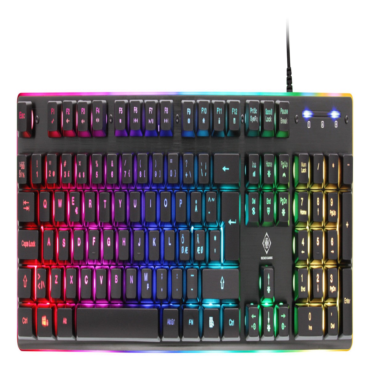 Deltaco Gaming RGB-tastatur, 105 taster, nordisk layout, orange LED-belysning, USB, sort/RGB