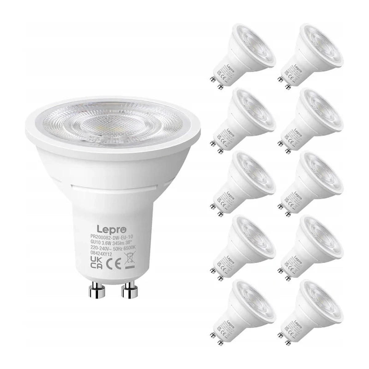 LEPRO 200082-DW-EU-10 GU10 LED-pre, 3,6W, 345 lm, 6500K, 38, Energiklasse E, 10 stk.