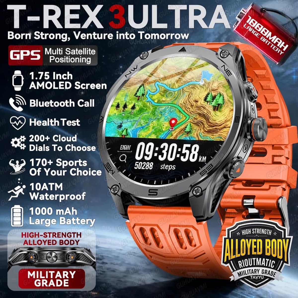 T-Rex3 Ultra New Built in GPS Compass Smart Watch 1000mAh Battery 10ATM Waterproof Sports tracker Outdoors Military Smartwatches