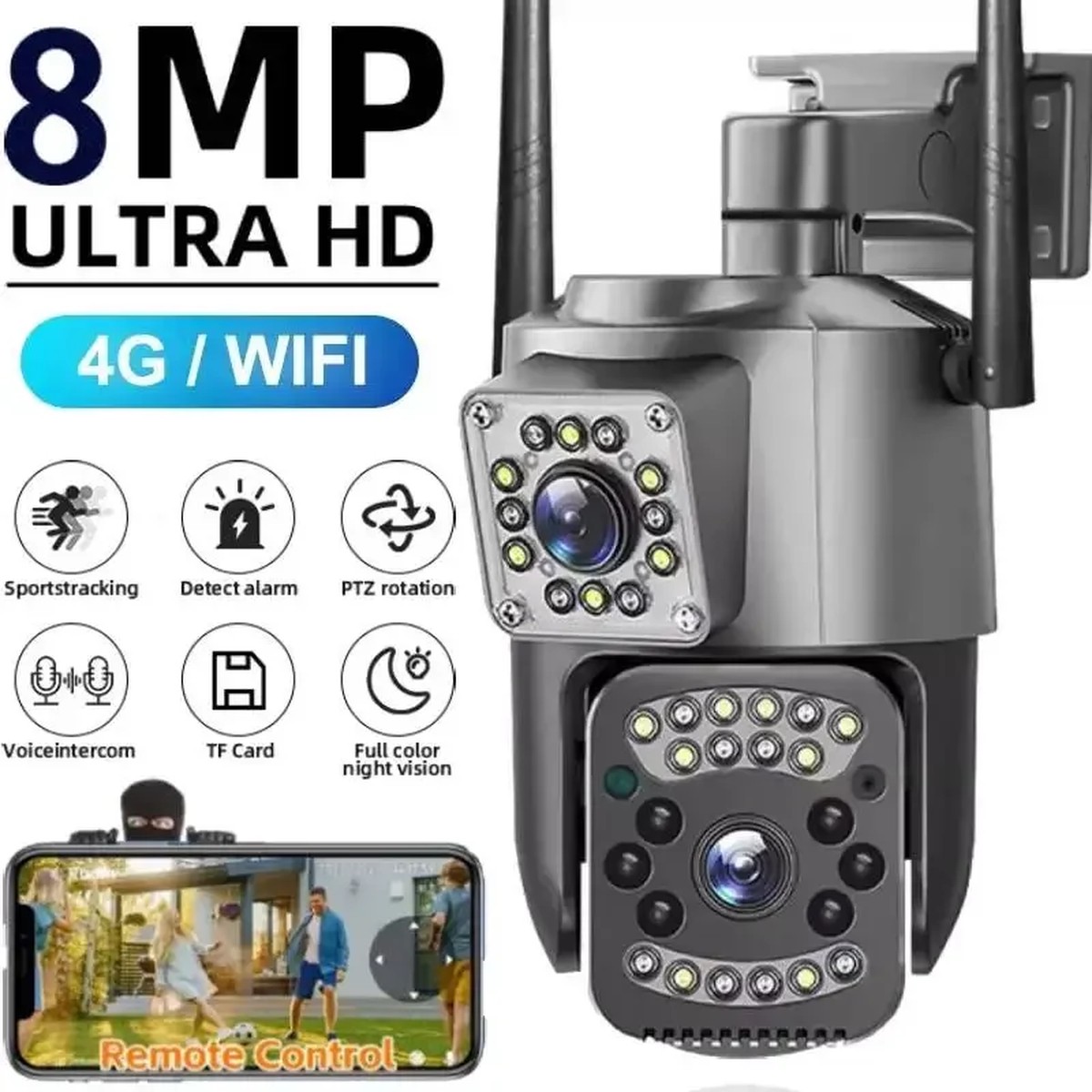 8MP 4K WIFI IP Camera Dual Lens PTZ 4G SIM Card Outdoor Webcam Alarm 10X Zoom Smart Home CCTV Security Protection Monitor Cam