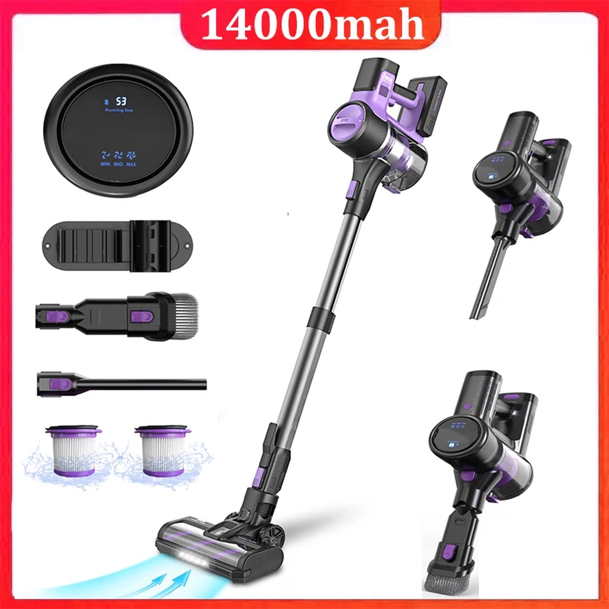 2024 New V8 250W 50KPA 14000mah Suction Cordless Vacuum Cleaner With LED Display Handheld Smart Home Detachable Battery Dust Cup
