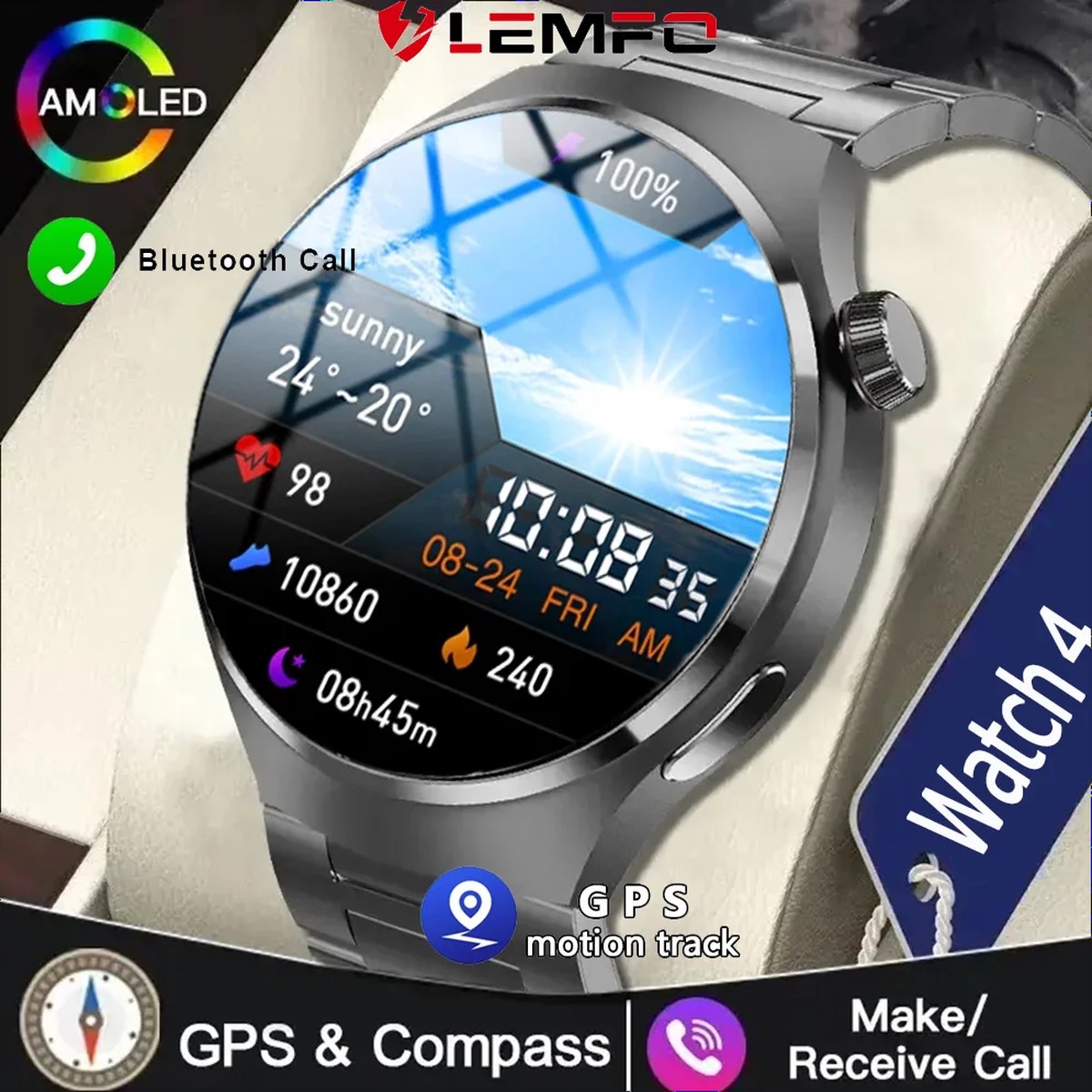 2024 NEW Watch 4 Pro Smart Watch Men GPS Tracker AMOLED HD Screen Bluetooth Call NFC Sports SmartWatch Men