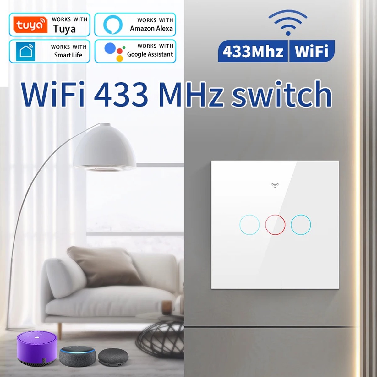433MHz Wireless Tuya WiFi Smart Switch Alexa Google Home Voice Control No Neutral Wire Required 1/2/3Gang Touch Sensor Switch EU